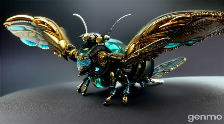 A mechanical insects with moving wings gears & parts, made of precious metals & stones, gold, silver, turquoise, on a black rock, hyper realistic infinite detailed macro photography HD HDR 32K by Aaron Horkey & H. R. Giger —neg 2 heads, child , kid ,elongated body, 2 faces, ugly eyes , cross eyes, cropped image, cartoon , 3d render , poor art , worst art, out of frame, draft, deformed hands, signature, watermark, twisted fingers, double image, long neck, extra limb, ugly, poorly drawn hands, missing limb, ugly, grain, blurry, bad anatomy, disfigured, poorly drawn face, mutation, disconnected limbs, out of focus, long body, disgusting, poorly drawn, mutilated, mangled, extra fingers, gross proportions, missing arms, mutated hands, mutilated hands, cloned face, missing legs, watermarks, low-res, bad anatomy, bad hands, text, error, missing fingers, extra digit, fewer digits, cropped, worst quality, low quality, normal quality, jpeg artifacts, signature, watermark, username, blurry —gs 20