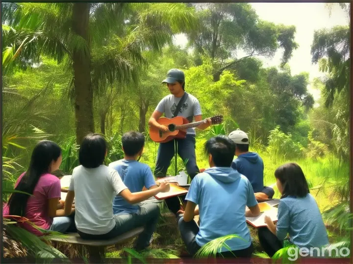 a group of people sitting around each other in a forest