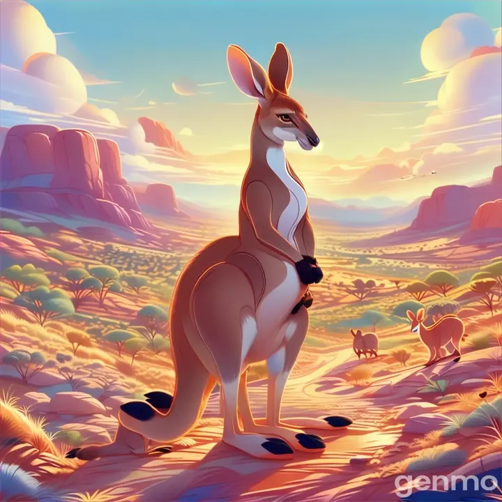 a kangaroo standing in the desert with a kangaroo in the background