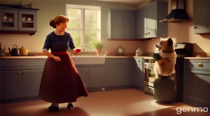 Polly's mother asking her to put the kettle on the stove to make tea, and Polly eagerly running to the garden to fetch the kettle.



