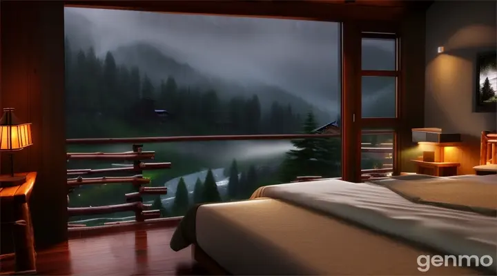 The bedroom Open view of a wooden resort in the Mountain at night, cascading waterfall during a rainstorm, falling rain outside bedroom