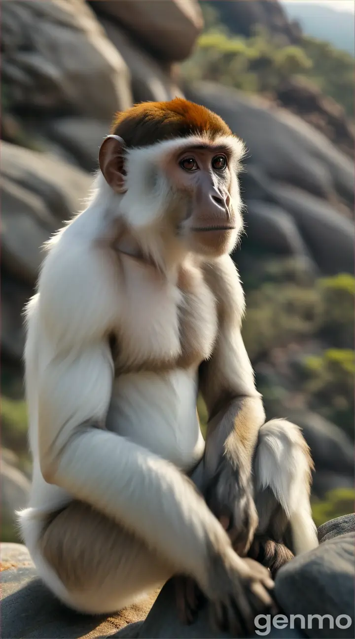 A monkey is wearing white dhoti and white shirt sitting sadly in the rockside  slowly in thero