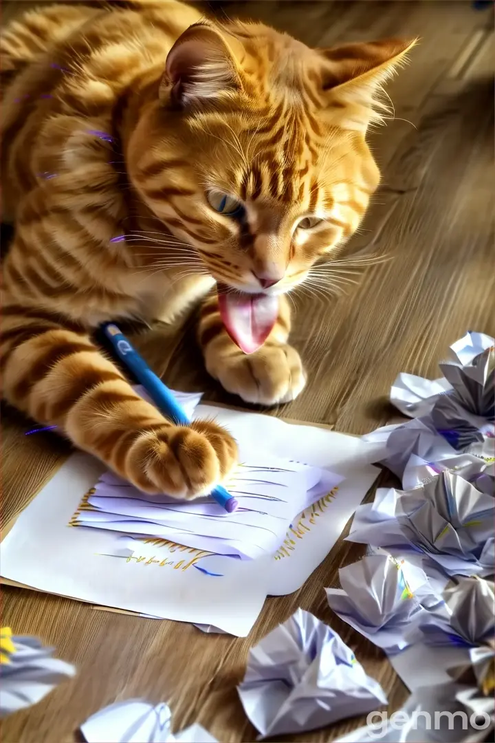 a cat laying on the floor next to a pile of crumpled paper