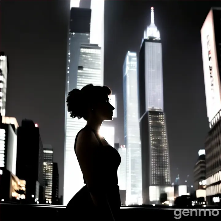 a woman standing in the middle of a city at night