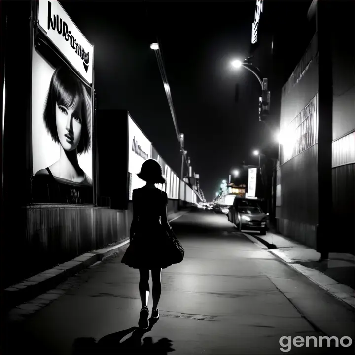 a woman walking down a sidewalk next to a billboard