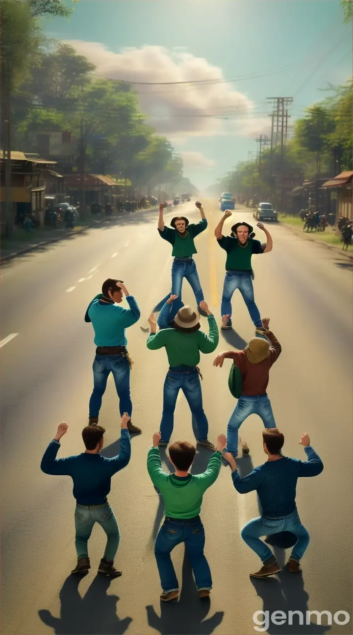 A group if monkeys are wearing blue jeans and green shirt dancing  in the road