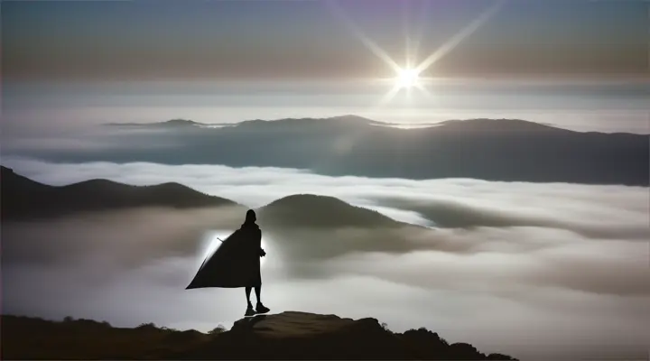 Silhouette holding blank sign on mountaintop, overlooking ocean shrouded in mist