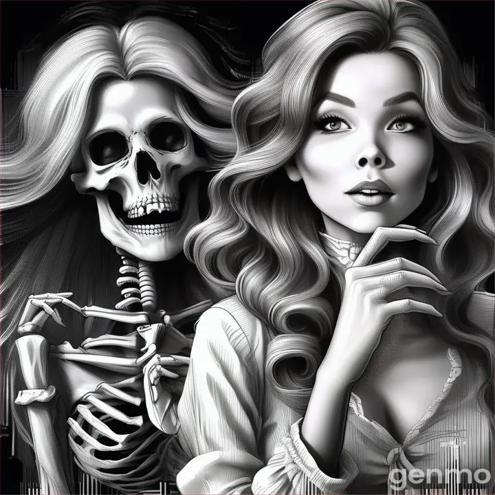 a drawing of a woman and a skeleton