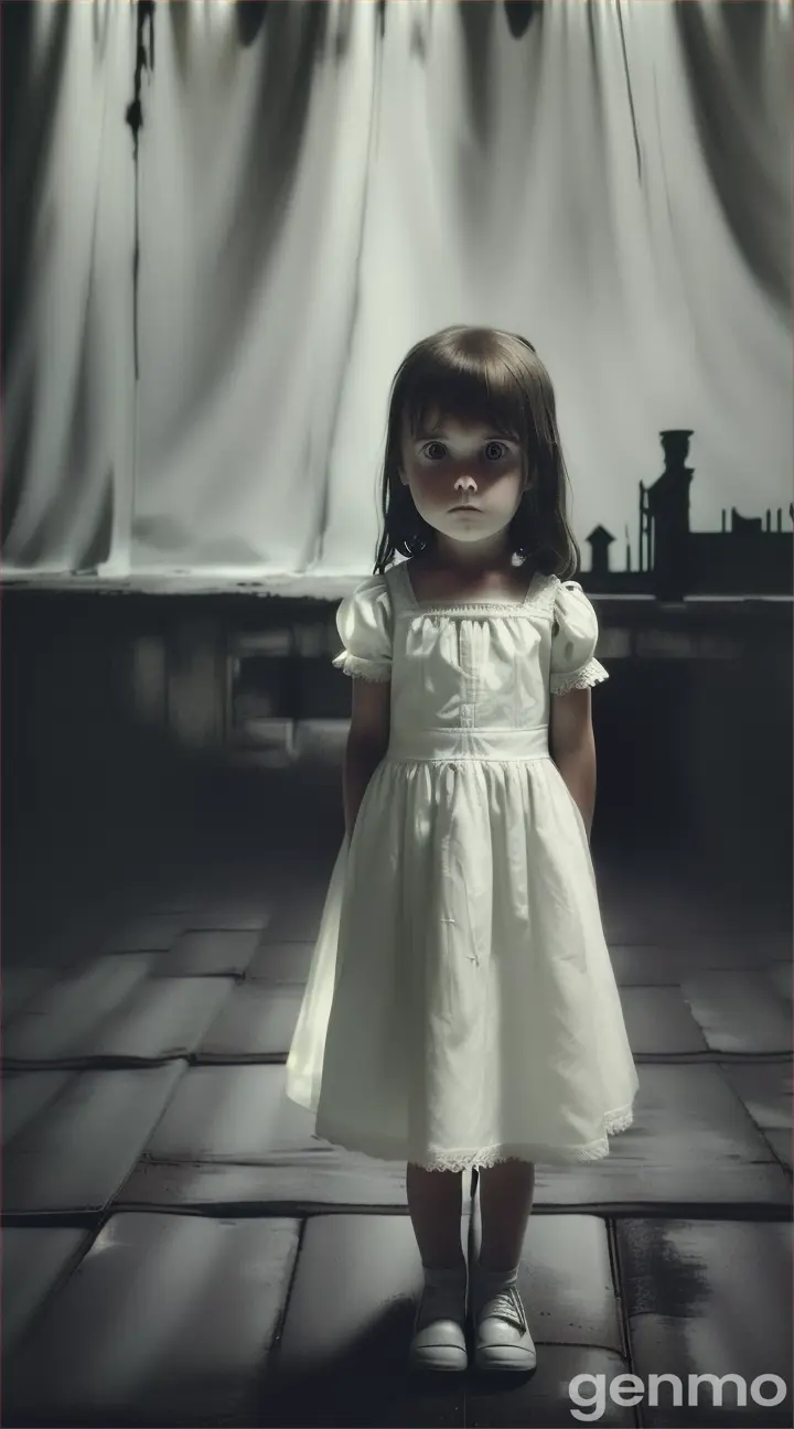 **Creepy Little Girl on the Roof**: A small girl in a white dress, playing alone on a dark, eerie rooftop. Her face is slightly obscured, and her posture is playful yet unsettling. The background shows an old, worn roof with a dark sky.