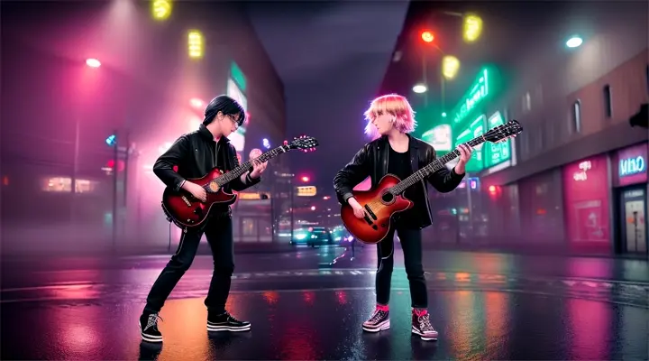 musicians (acustic guitar, electro guitar, bass guitar and drum) play in heavy rain and wind in the reflections of neon signs, standing on wet asphalt at night, anime