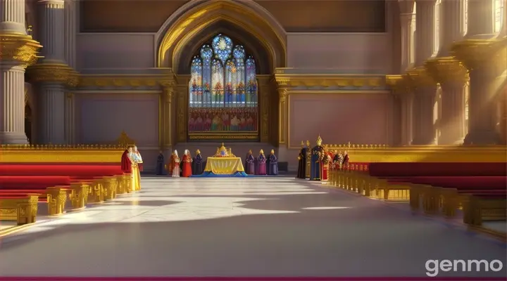 A grand coronation hall filled with nobles dressed in fine attire. Princess Elara, now Queen, stands at the center, dressed in a regal white gown with a jeweled crown atop her golden hair. She smiles confidently as she is crowned. The atmosphere is joyful, with sunlight streaming through large stained-glass windows, casting colorful patterns on the marble floor