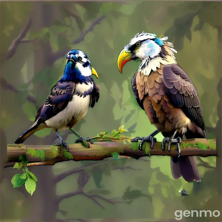 a couple of birds sitting on top of a tree branch and talking 