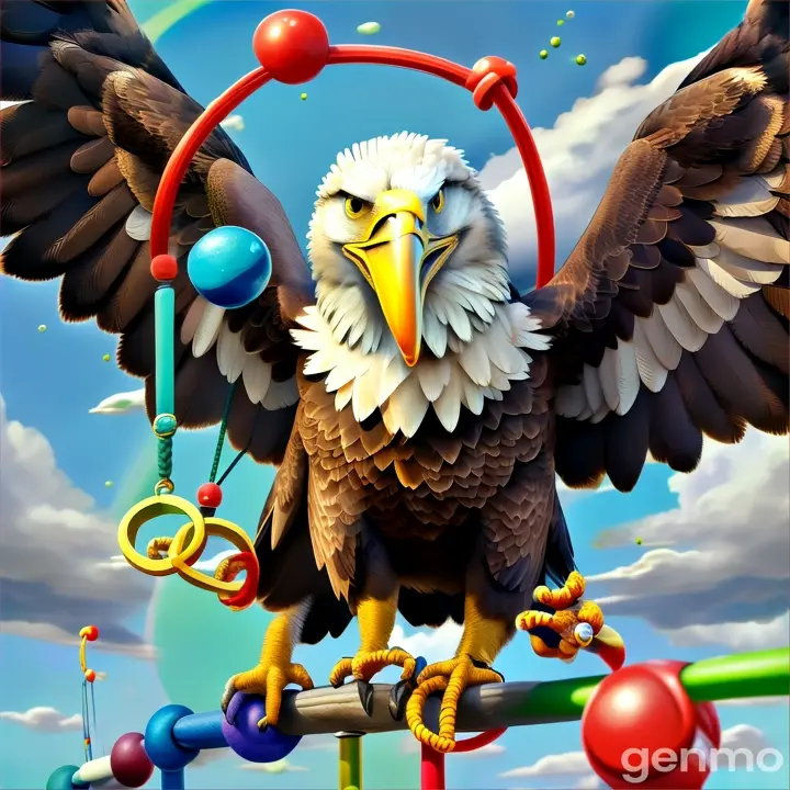 an eagle with a ring around its neck and playing with clackers 