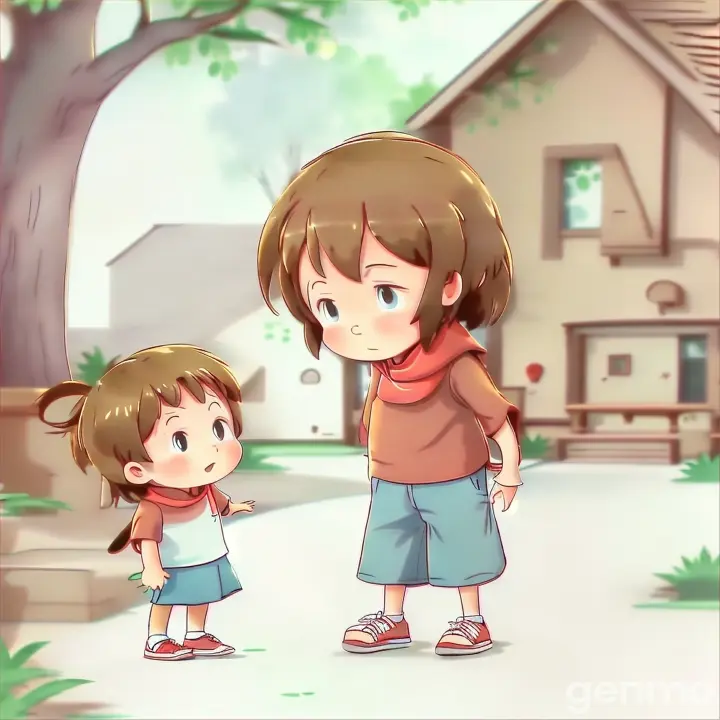 a little boy and a little girl standing in front of a house