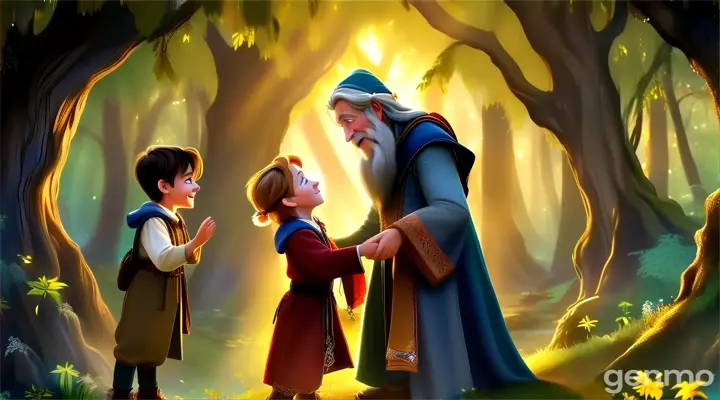 a little boy giving a wizard a hug goodbye in a forest with a little boy watching