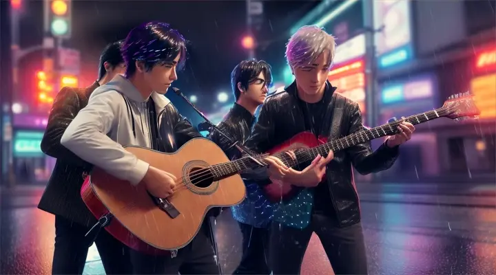 three male musicians (acoustic guitar, electro guitar, bass guitar) play in rain and wind in the reflections of neon signs on the street, standing on wet asphalt at night, close-up, anime