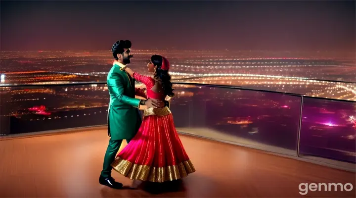 8k wide shot of a young Pakistani couple in stylish outfits dancing at a Bollywood-themed party in a modern, glass-walled penthouse, with a view of the city at night.

