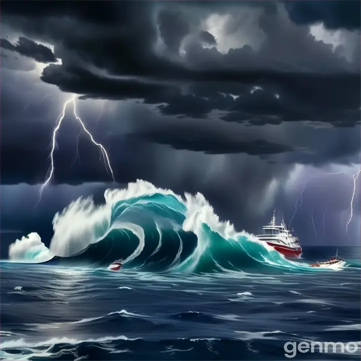 a boat in the ocean with a storm in the background