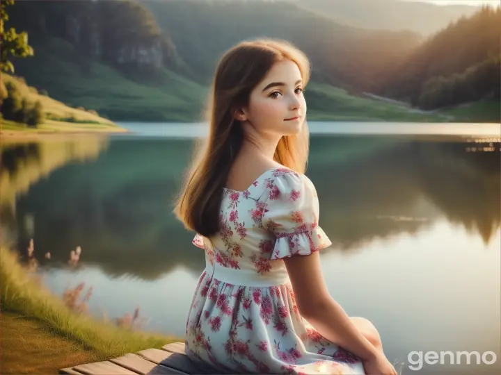 A girl in floral dress sitting near lake 