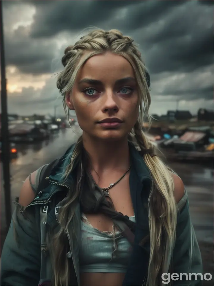 (masterpiece, RAW photo, digital illustration, best quality), half body portrait of a homeless [Barbie | Margot Robbie] in a dystopian future, messy blond braided hair,  ripped clothing, dirty skin, dusty hair, a world after Armageddon, slum, waist, litter, destruction, fire, disappear, hopeless,   photorealistic,  muted colors, cinematic LUT,   ominous clouds, storm, rain,  photo realism,  Ultra HD, UHD, RAW candid cinema,  color graded Kodak Portra 400 film