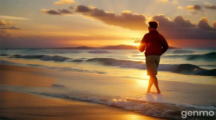 A leader walking on a serene beach at sunrise, with the waves and sun framing their confident stride