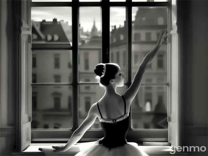 Black and white film of a ballerina looking out of a window at a beautiful European city