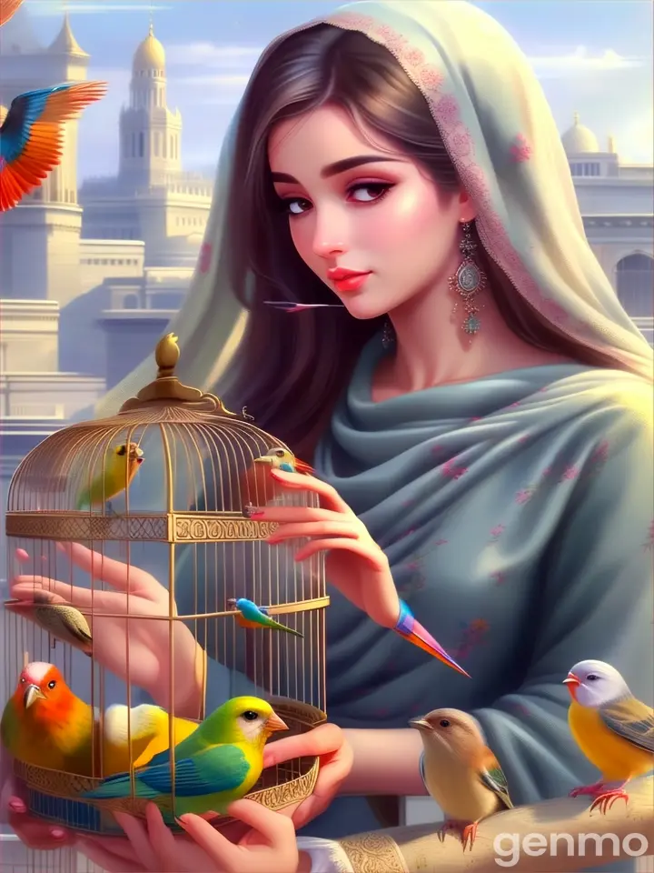 a painting of a woman holding a bird in a cage