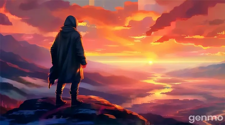 a person standing on top of a mountain looking at a sunset