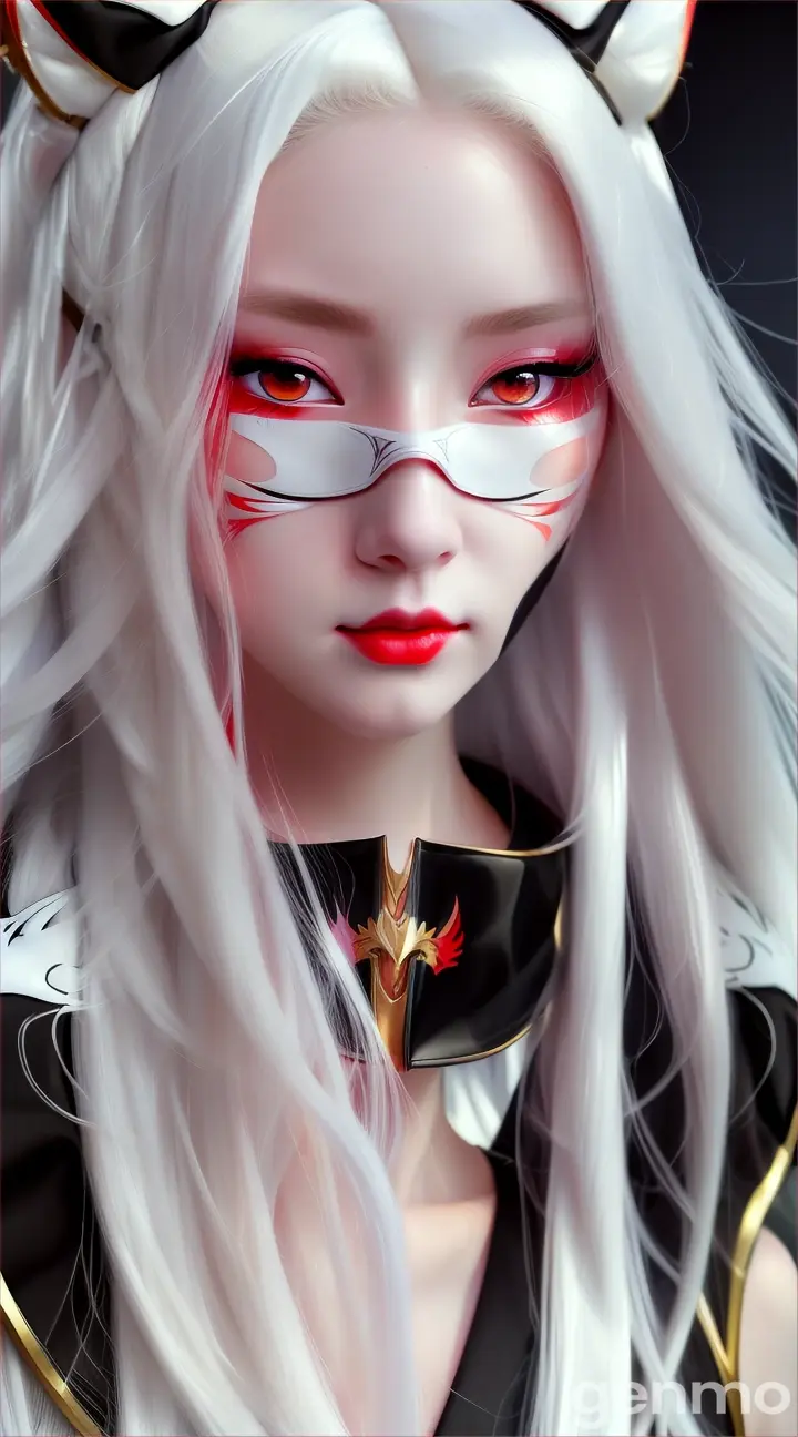 Young woman in anime style wearing a japanese kitsune mask tha covers the top half of her face. Characteristics: fair skin, red eyes, long and flowy white hair, black nails and a confident look. Action 1: she blinks her red eyes and looks directely to the camera. Action 2: she puts her right hand on the mank and starts to take of her mask slowly. The shot is a close up of her face. Background: moonlight. Frame: 9:16