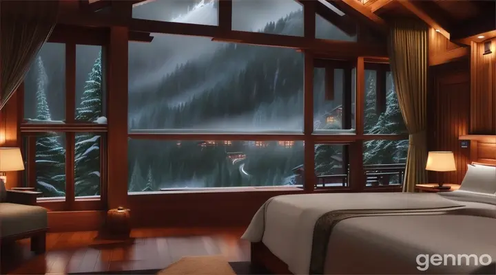 The bedroom Open view of a wooden resort in the Mountain at night, cascading waterfall during a rainstorm, falling rain outside bedroom.