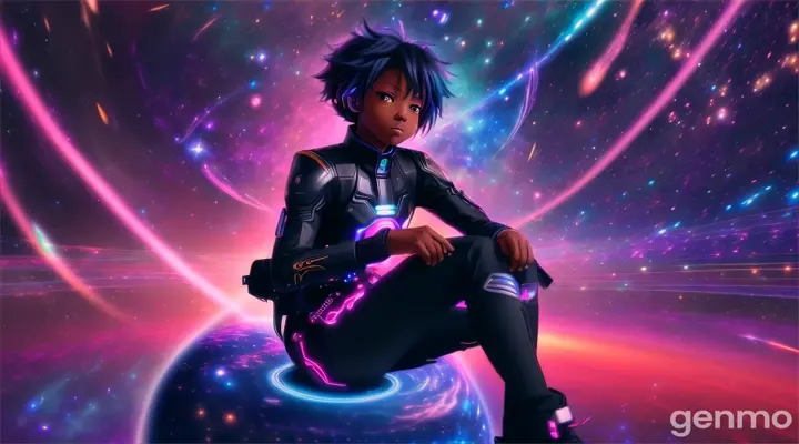 A 5D black anime character sitting on a planet, surrounded by music notes and galaxies.