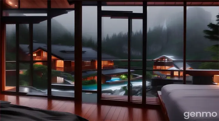The bedroom Open view of a wooden resort in the Mountain at night, cascading waterfall during a rainstorm, falling rain outside bedroom.