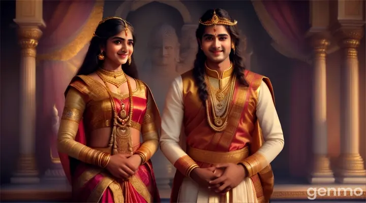 Kansa's Love for Devaki: A softer, more personal scene showing Kansa smiling affectionately at his sister Devaki, who is dressed in royal attire. Vasudeva, her husband, stands beside her.
