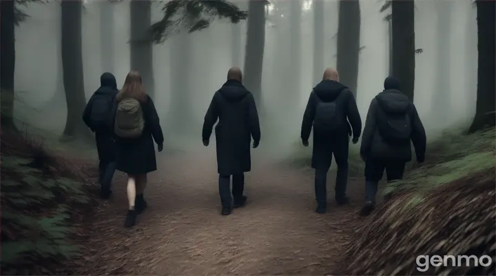 The group walking cautiously through the forest, with the camera capturing their nervous expressions as they hear the rustling sound, heightening the suspense.