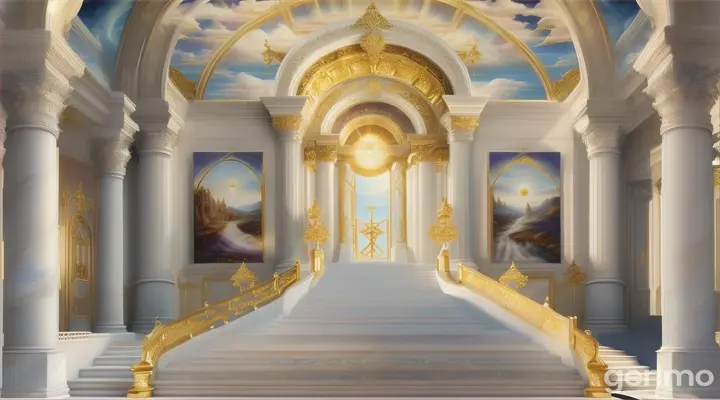 Simple stairs leading to heaven in the clouds and God all in white, waiting in front of the door looking with a bright face a vision of heaven filled with thousands upon thousands of angels, myriad of myriads of angels around a radiant throne , throne like ice covered with precious stones, bright as the sun, the sky with beautiful white clouds, a celestial arch above the throne, 
