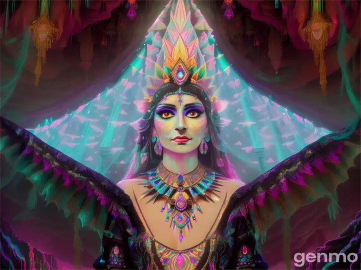 A stunning surreal illustration featuring an Aztec priestess and her majestic kingdom of mist-shrouded chiroptera, rendered in mesmerizing bioluminescent neon watercolor hues, reminiscent of an ethereal dreamscape, bathed in a canvas of precious gems and crystals, evoking an air of mystical opulence. The silhouetted portrait is set in a cave with outcroppings of celestial minerals, featuring intricately etched stage formations, glowing with an otherworldly luminescence, radiating an aura of enchantment. This ultra-high-resolution masterpiece embodies a harmonious blend of mystical realism and cosmic fantasy, pulsating with iridescent hues of blue, violet, and green, inviting the viewer to step into its mystical world.