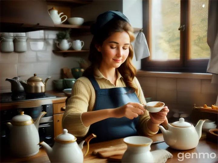 27 year old lady making tea in kitchen 