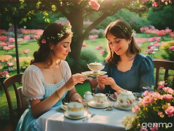 Couple taking tea in garden 