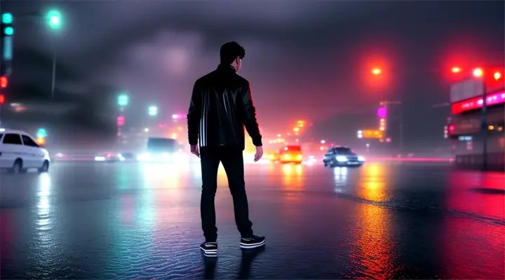 A guy in a black jacket approaches a girl in a white t-shirt in rain and wind in the reflections of neon signs on the street, wet asphalt at night, wide shot, anime