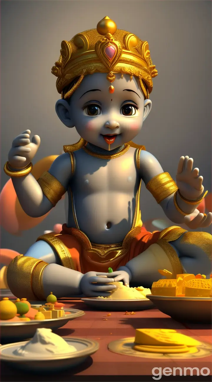 Animated 3d story, little baby Krishna is playing eating butter with his hands,correct number of finger hands and feet, he is very small, 9:16 ratio”
Seed: 25202558212304x1280Public, make the video perfects, features movements animations everything should be professional and perfect dear