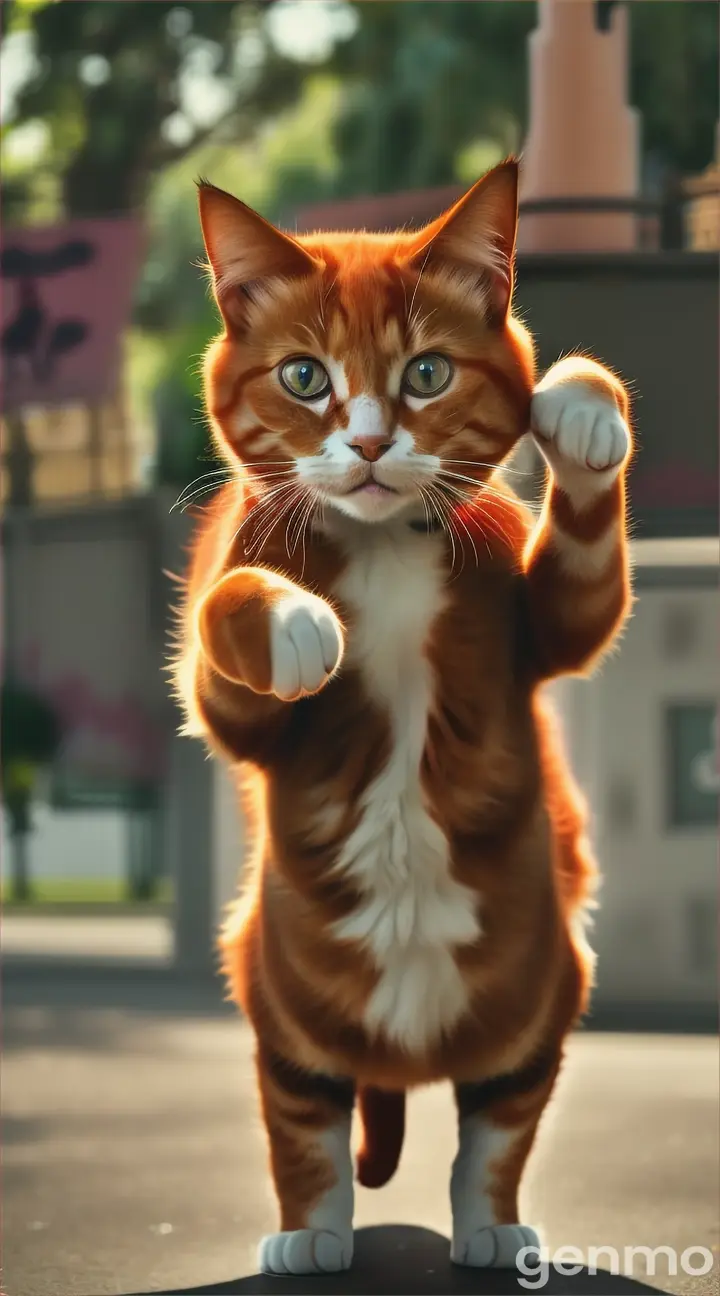 A red-haired cat dances standing on its hind legs