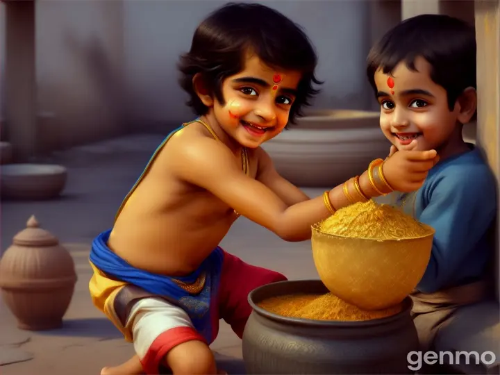 Krishna in Gokul
Scene: Krishna as a playful child in Gokul.
Image: Young Krishna stealing butter from a pot, surrounded by his friends, with a mischievous smile on his face. The setting can be a simple, rustic village scene.