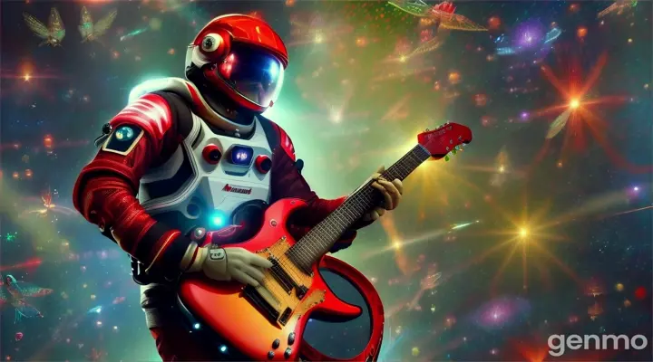 Red astronaut in massive intergalactic rainforest playing electric guitar with lights and lasers and hummingbirds and butterflies 