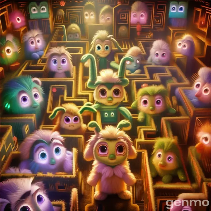 a group of cartoon characters in a maze