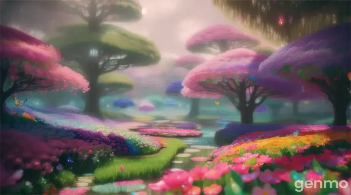 creation of  colorful fantasy  world of blooming flower fairy land  in which   heavy raining   16:9