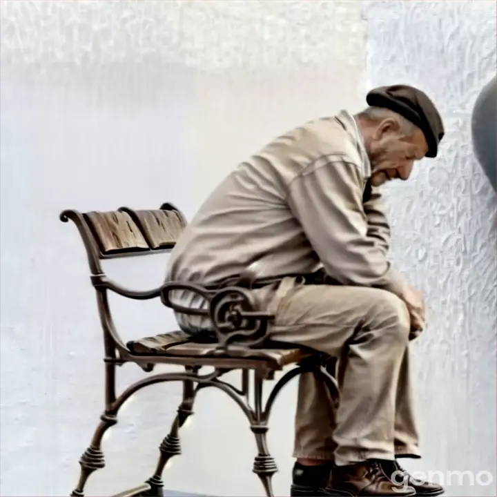 a man sitting on a bench next to a wall