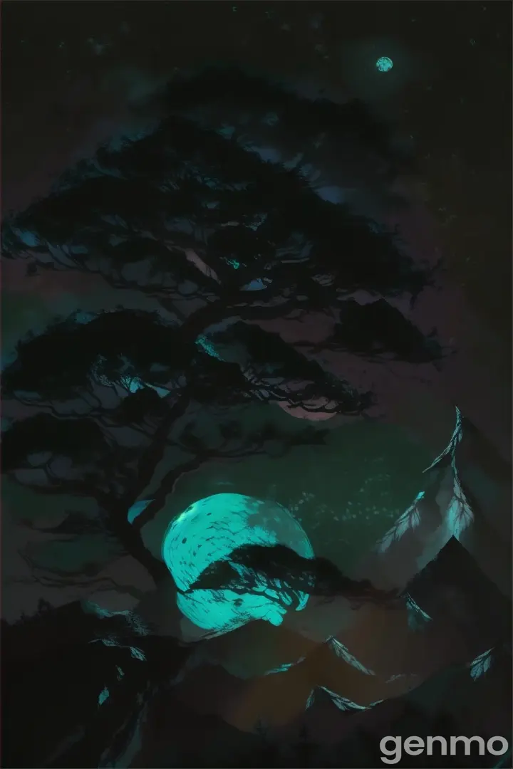 a night scene with a tree and a full moon