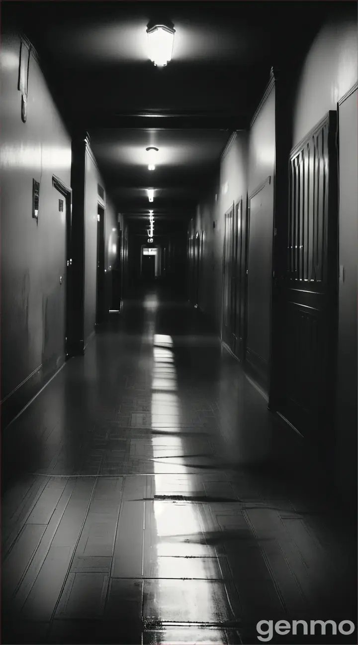 **Mysterious Shadows and Closing Doors**: A corridor in the old school where doors are slamming shut by themselves. Shadows creep along the walls, with a sense of dread filling the space. The atmosphere is tense and foreboding.