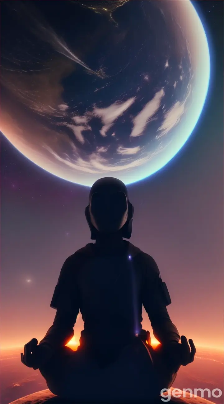 A blacked out figure meditating above planet earth 