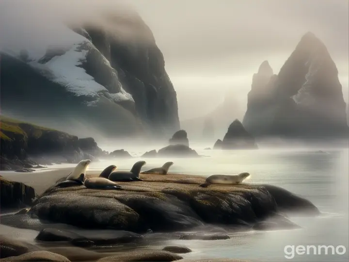 A group of seals lounging on a misty, rugged shoreline surrounded by fog and sea stacks